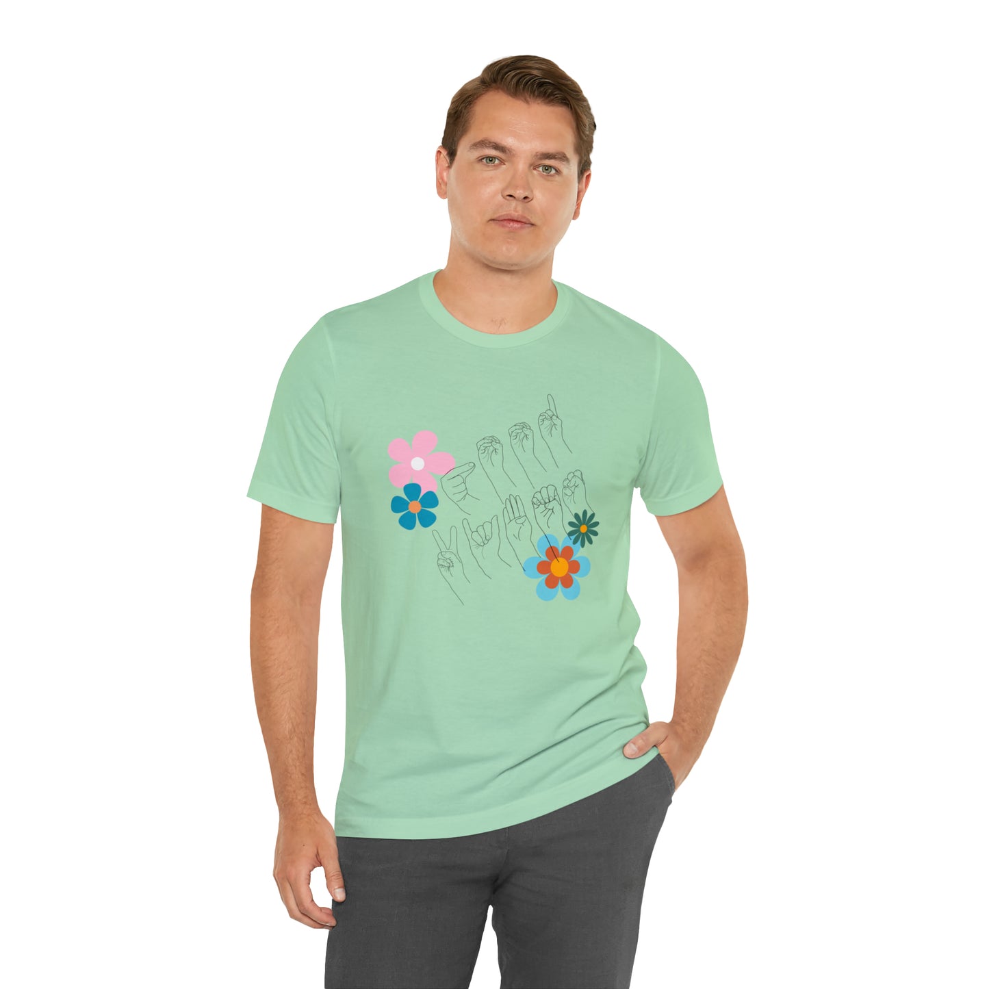 Floral Good Vibes in ASL Fingerspelling, Gifts for ASL Users, Bella Canvas Tee