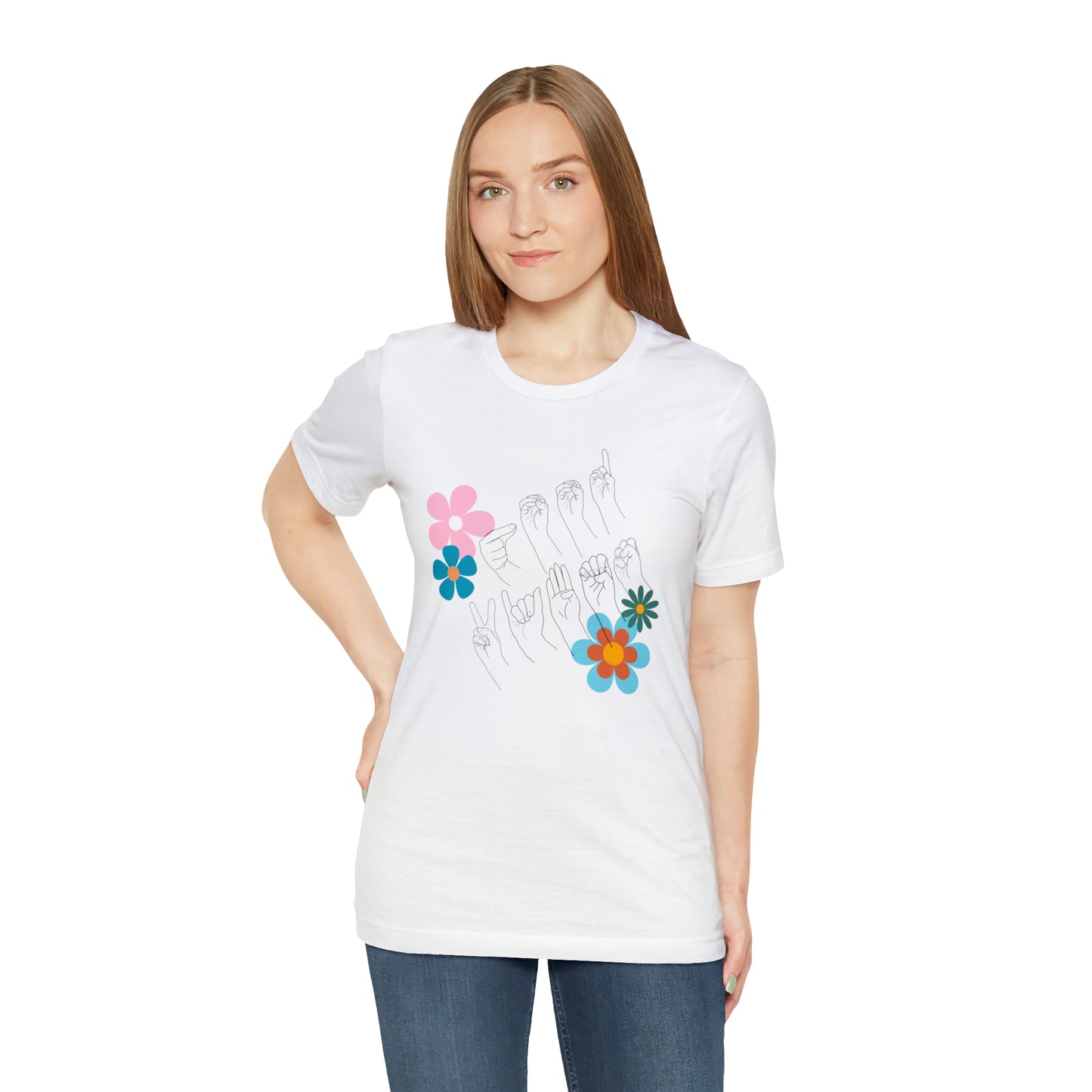 Floral Good Vibes in ASL Fingerspelling, Gifts for ASL Users, Bella Canvas Tee