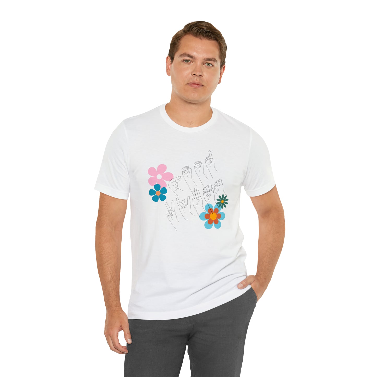 Floral Good Vibes in ASL Fingerspelling, Gifts for ASL Users, Bella Canvas Tee