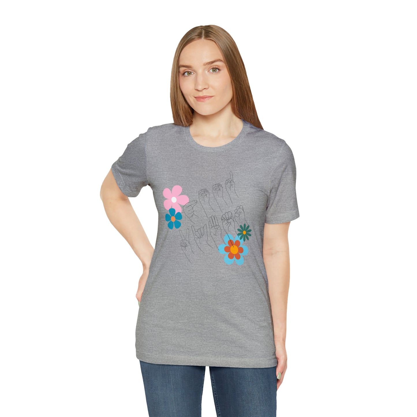 Floral Good Vibes in ASL Fingerspelling, Gifts for ASL Users, Bella Canvas Tee