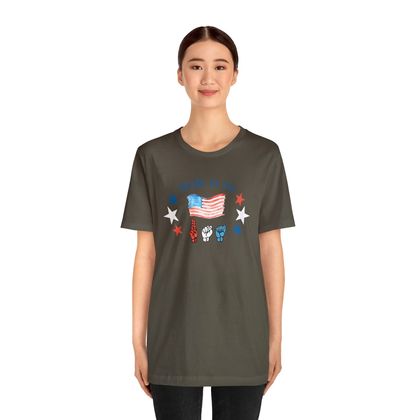 Made in the USA, American Independence Day Tee with ASL Fingerspelling