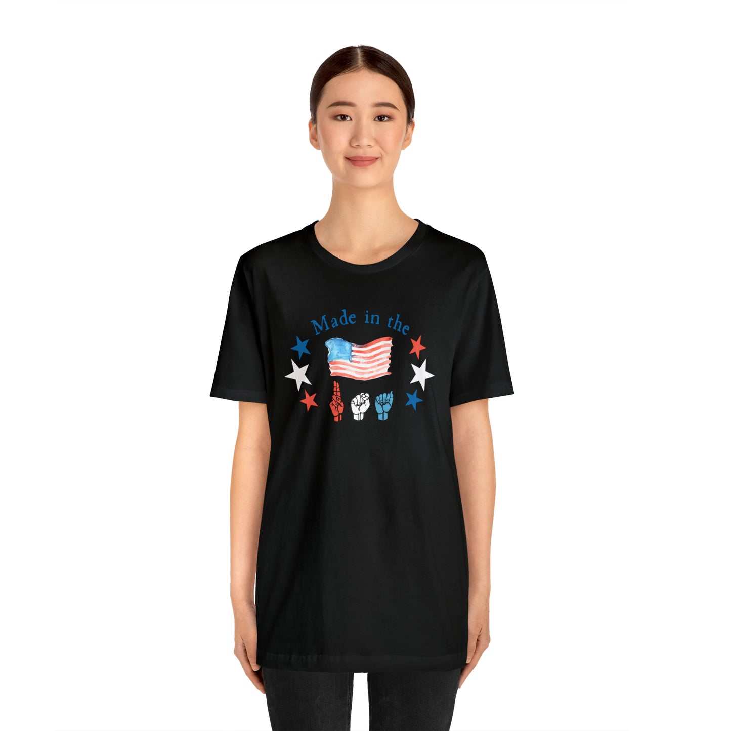 Made in the USA, American Independence Day Tee with ASL Fingerspelling