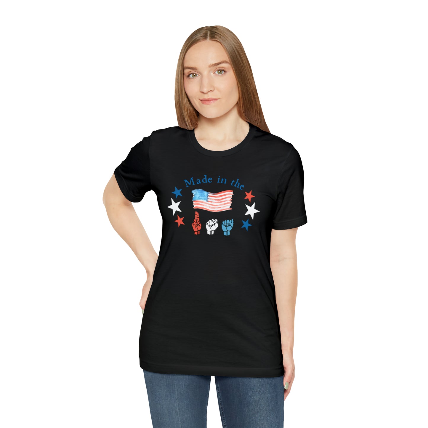 Made in the USA, American Independence Day Tee with ASL Fingerspelling