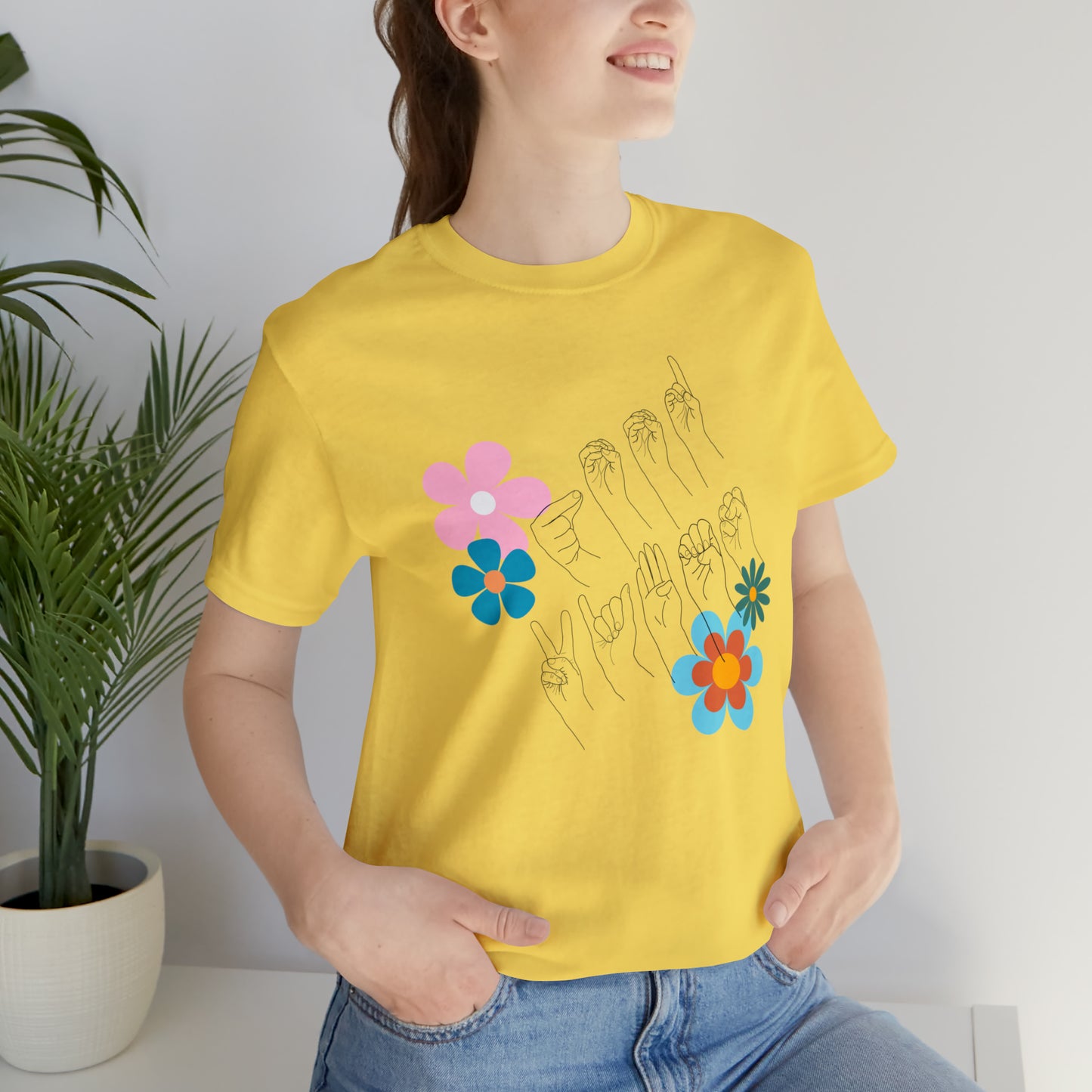 Floral Good Vibes in ASL Fingerspelling, Gifts for ASL Users, Bella Canvas Tee