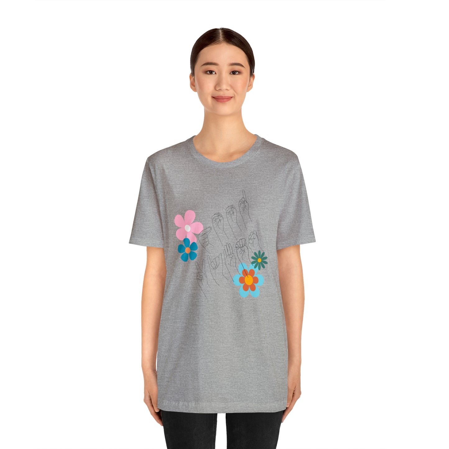 Floral Good Vibes in ASL Fingerspelling, Gifts for ASL Users, Bella Canvas Tee