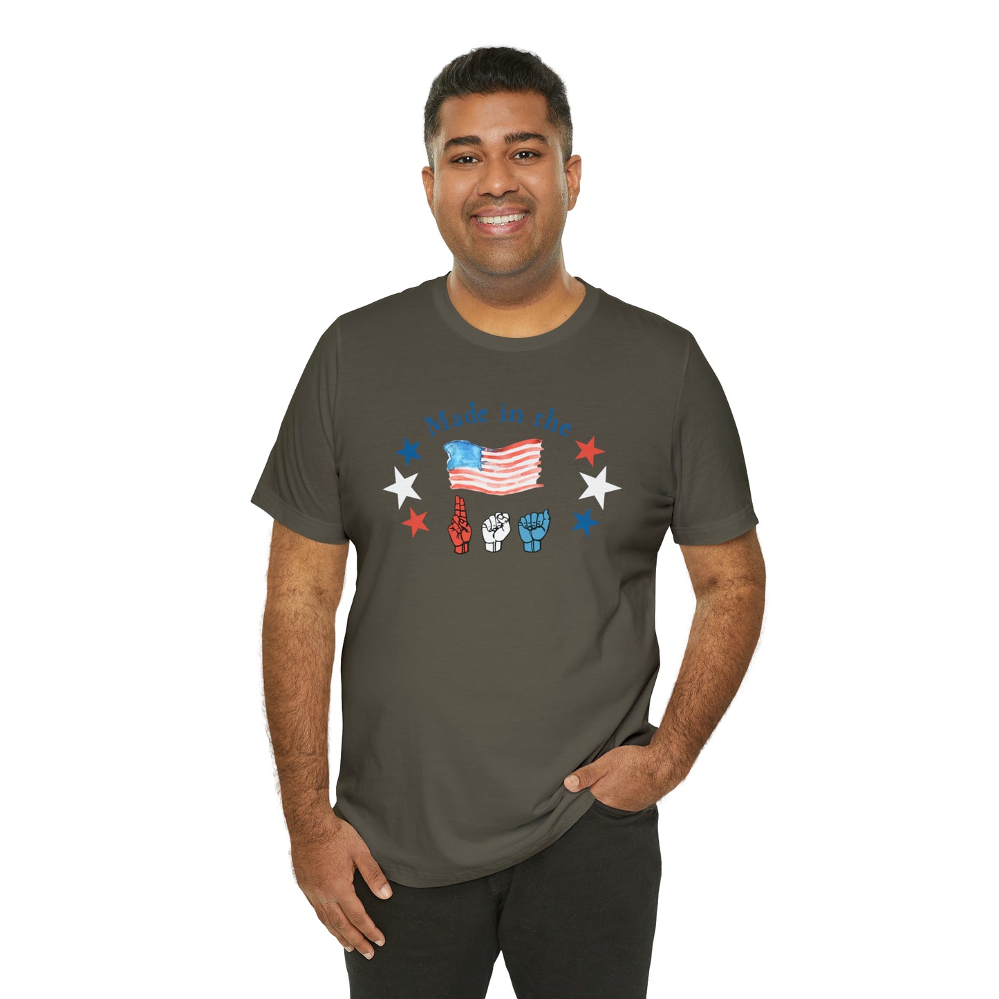 Made in the USA, American Independence Day Tee with ASL Fingerspelling