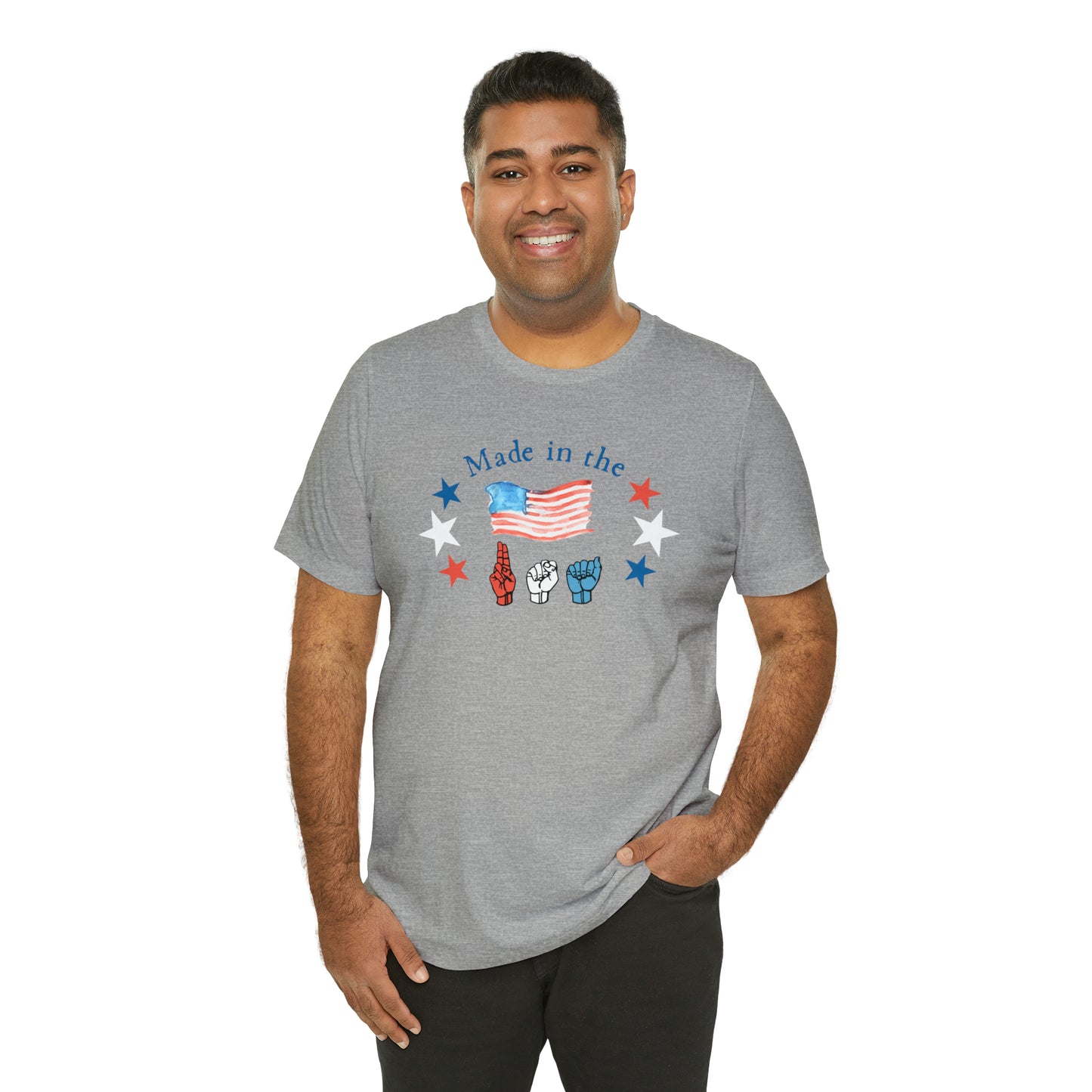 Made in the USA, American Independence Day Tee with ASL Fingerspelling