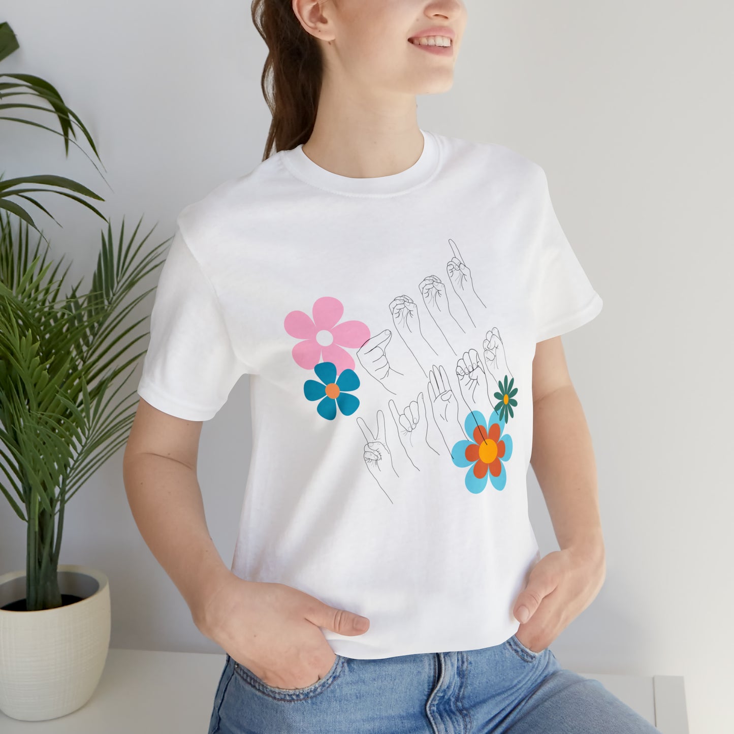 Floral Good Vibes in ASL Fingerspelling, Gifts for ASL Users, Bella Canvas Tee