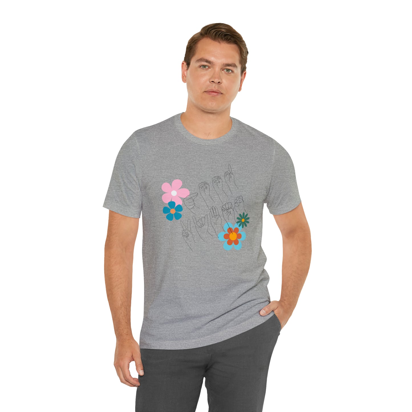 Floral Good Vibes in ASL Fingerspelling, Gifts for ASL Users, Bella Canvas Tee