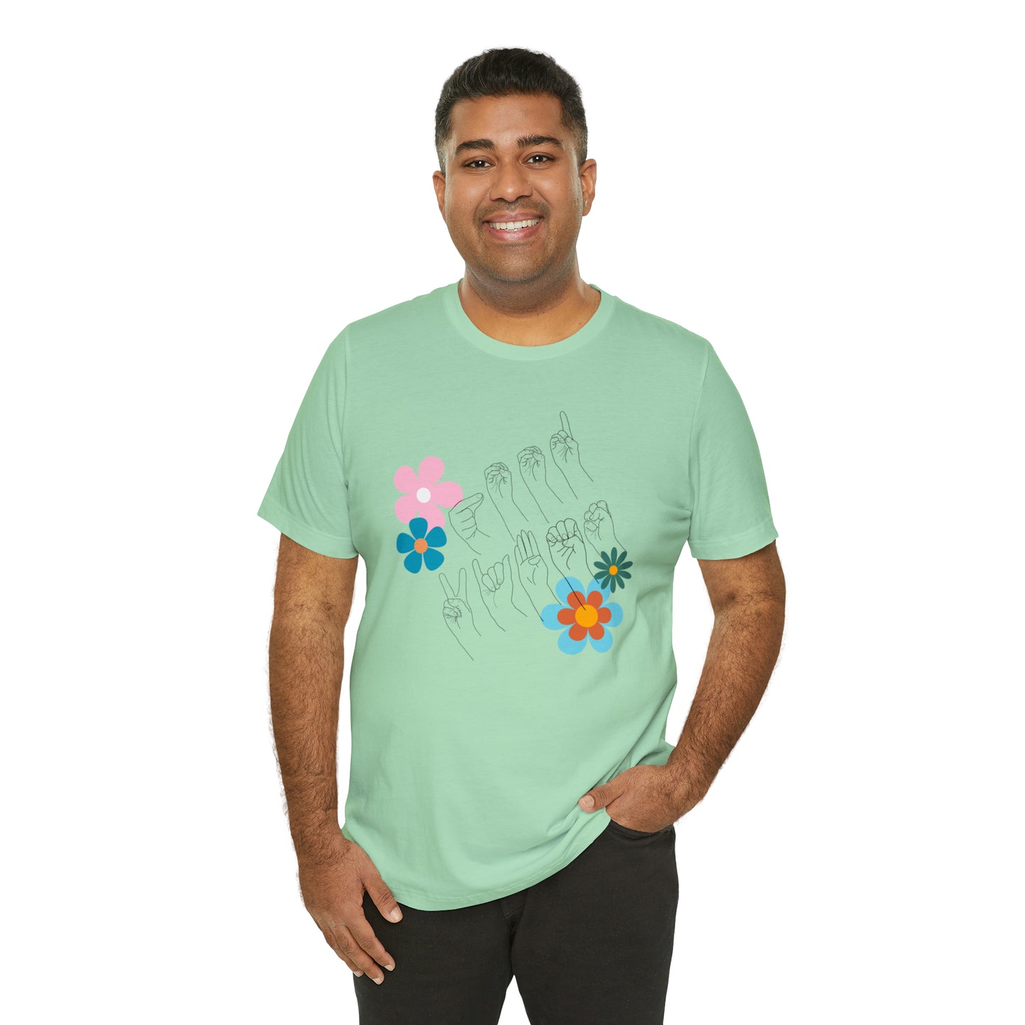 Floral Good Vibes in ASL Fingerspelling, Gifts for ASL Users, Bella Canvas Tee