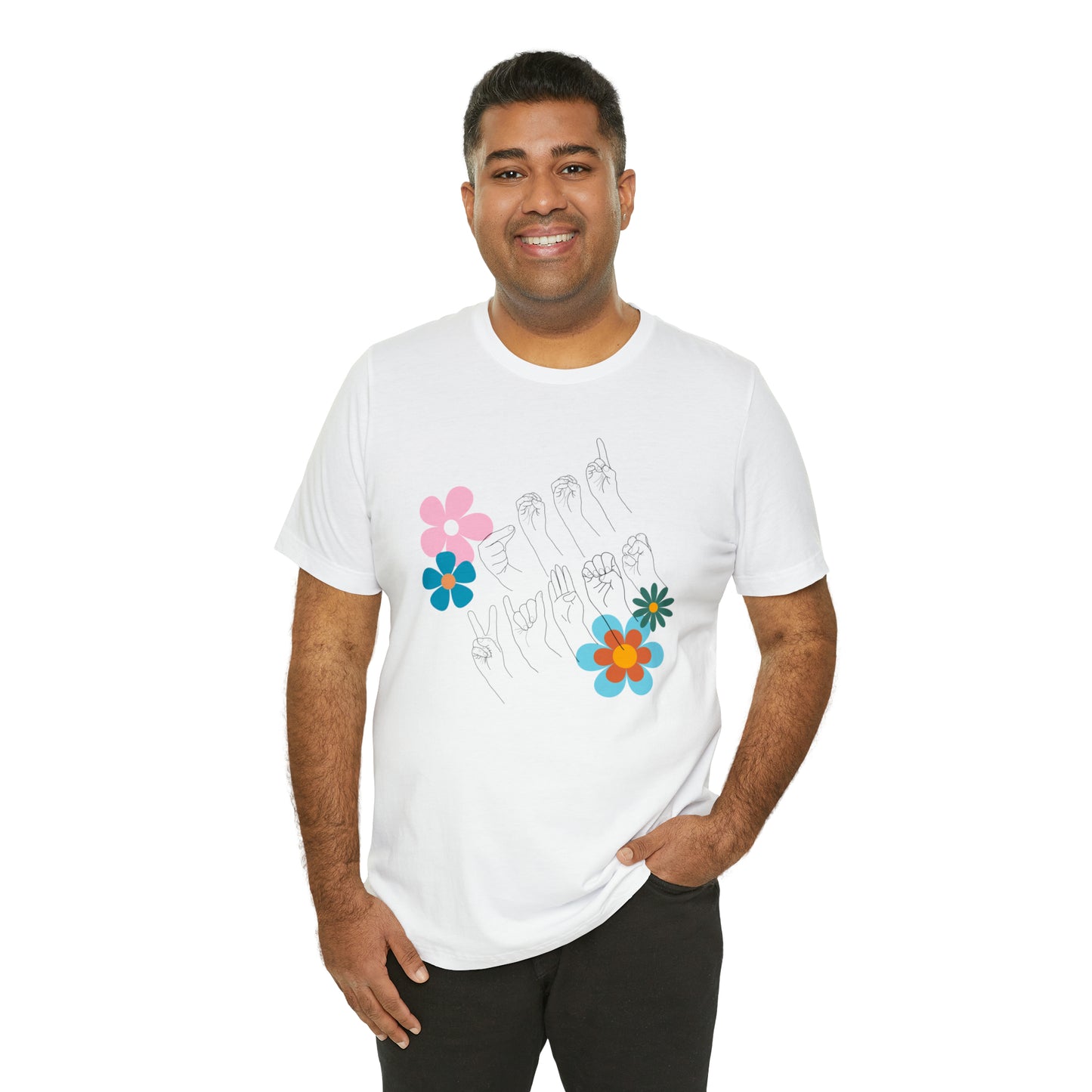 Floral Good Vibes in ASL Fingerspelling, Gifts for ASL Users, Bella Canvas Tee