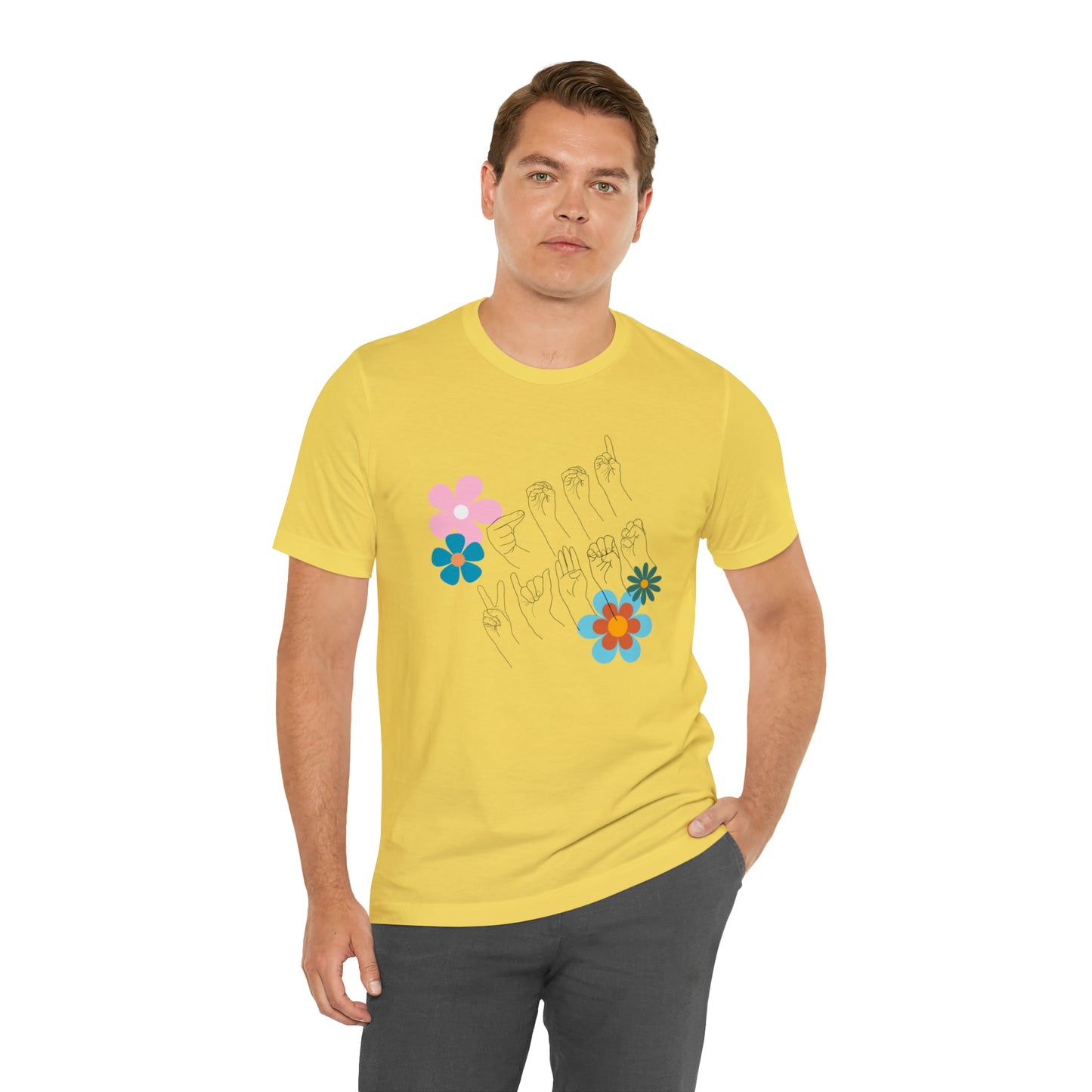 Floral Good Vibes in ASL Fingerspelling, Gifts for ASL Users, Bella Canvas Tee