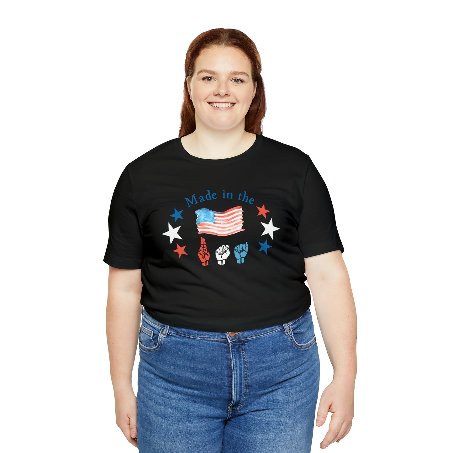 Made in the USA, American Independence Day Tee with ASL Fingerspelling