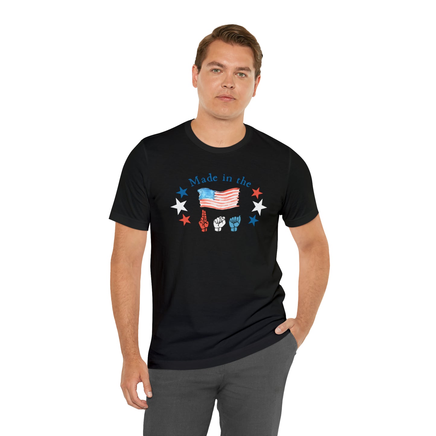 Made in the USA, American Independence Day Tee with ASL Fingerspelling