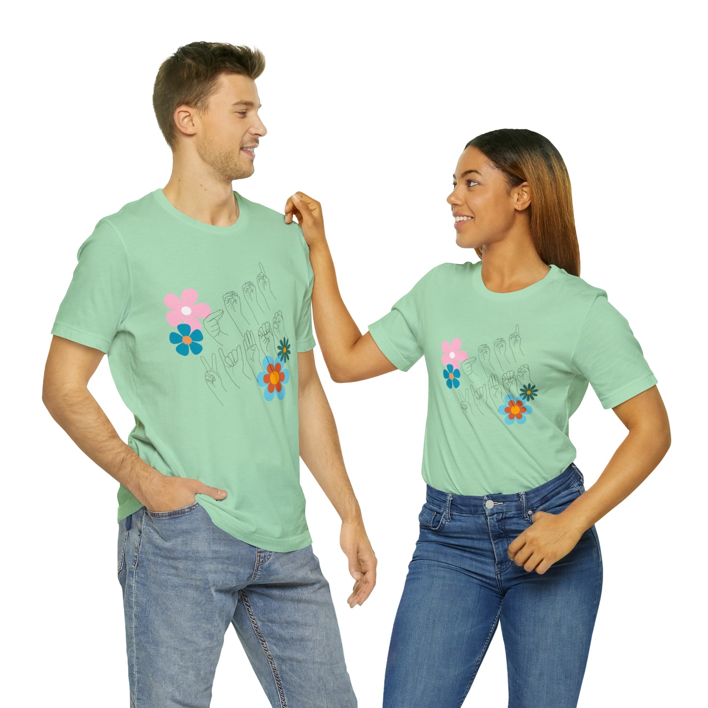 Floral Good Vibes in ASL Fingerspelling, Gifts for ASL Users, Bella Canvas Tee