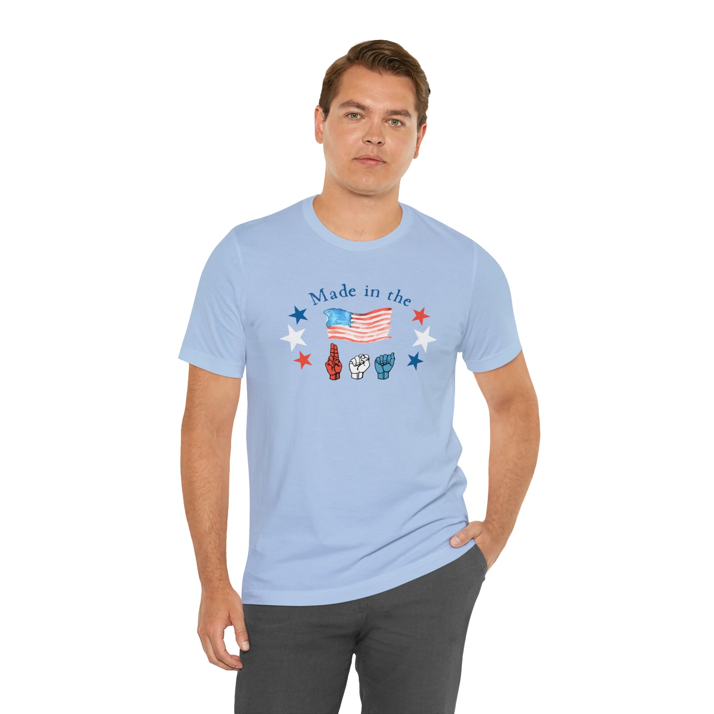 Made in the USA, American Independence Day Tee with ASL Fingerspelling