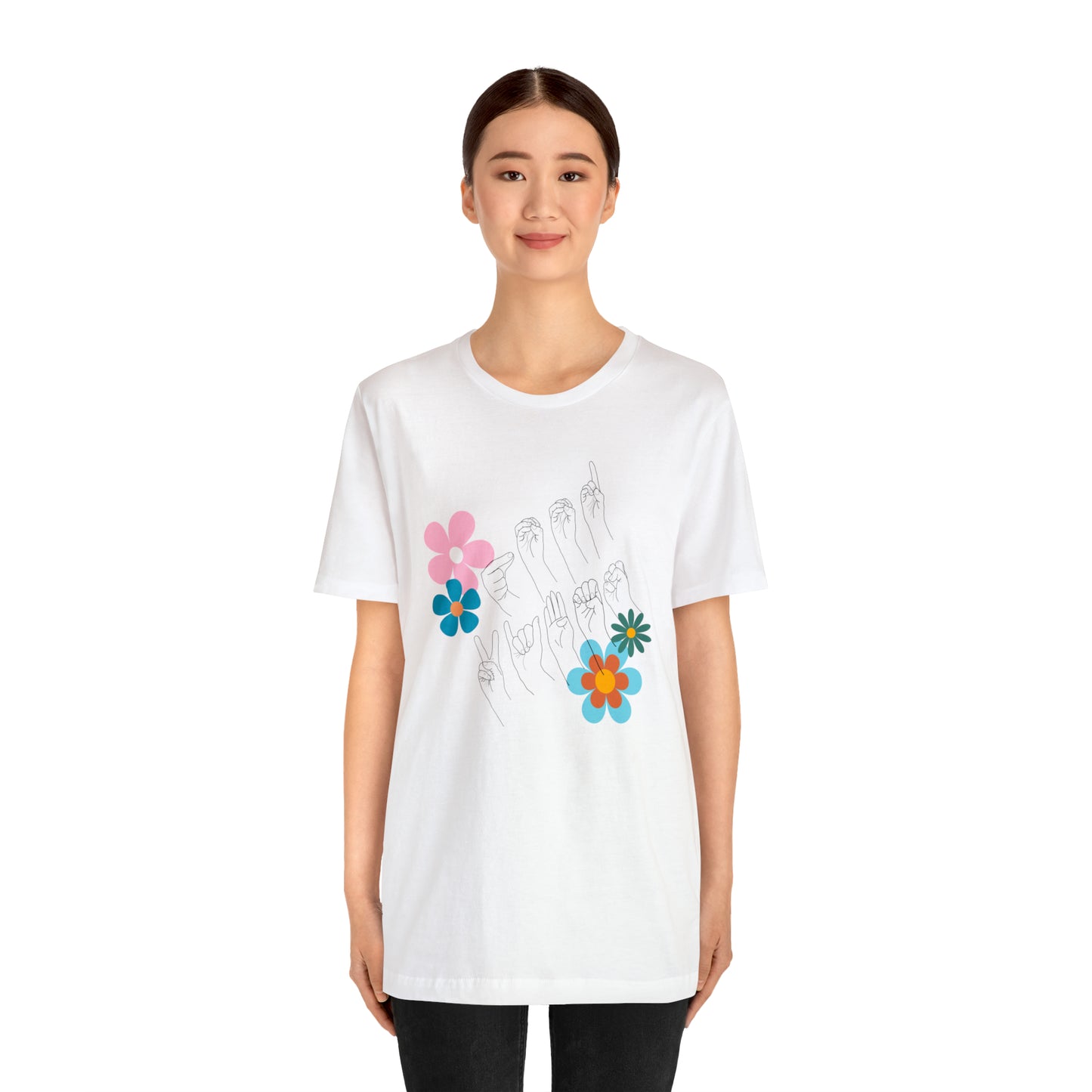 Floral Good Vibes in ASL Fingerspelling, Gifts for ASL Users, Bella Canvas Tee