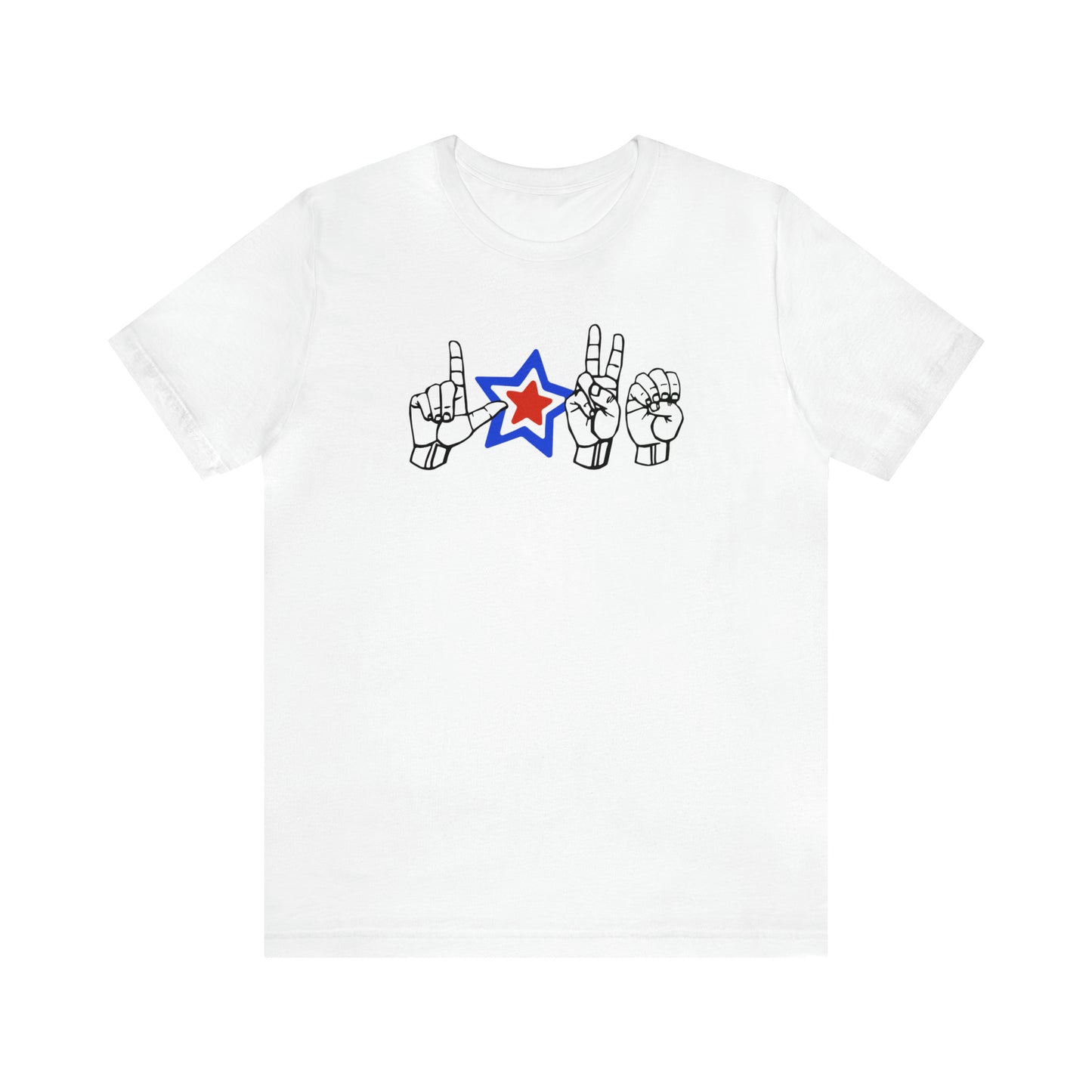 American Sign Language LOVE Fingerspelled, with American Flag Colored Star for Patriotic ASL Users and Independence Day