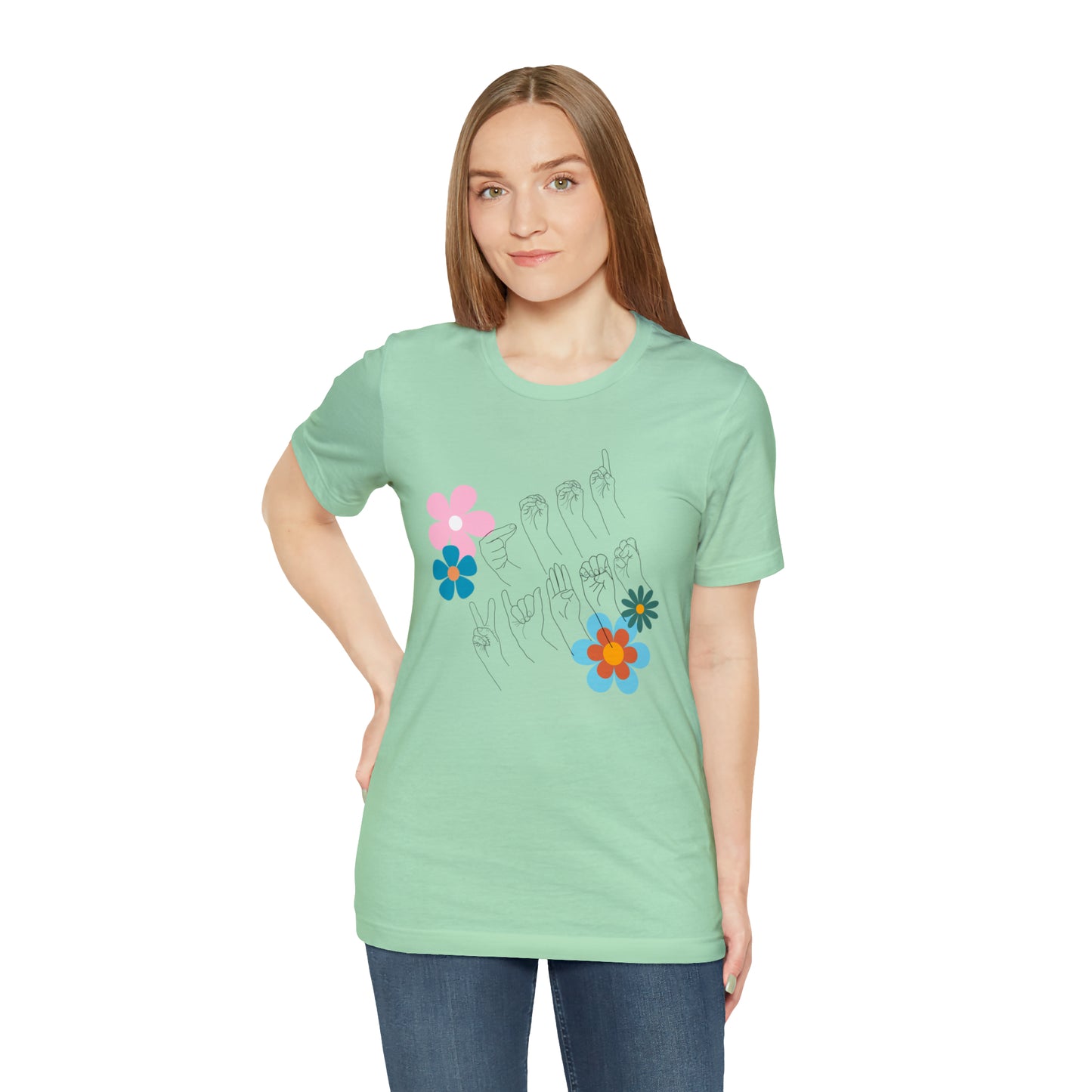 Floral Good Vibes in ASL Fingerspelling, Gifts for ASL Users, Bella Canvas Tee