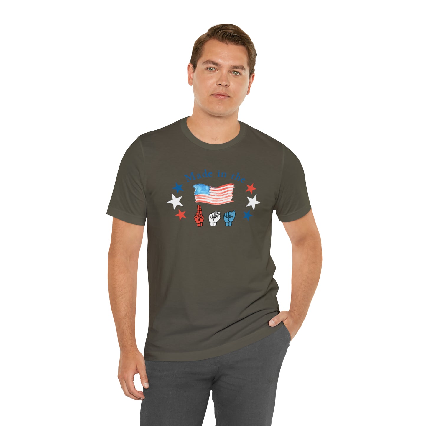 Made in the USA, American Independence Day Tee with ASL Fingerspelling