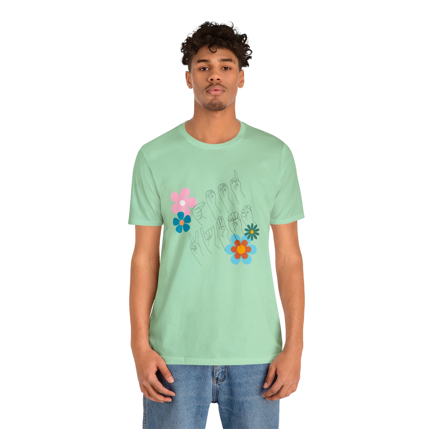 Floral Good Vibes in ASL Fingerspelling, Gifts for ASL Users, Bella Canvas Tee