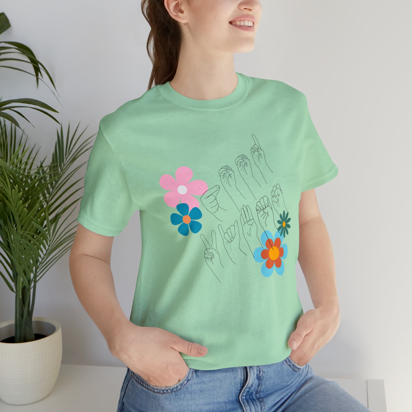 Floral Good Vibes in ASL Fingerspelling, Gifts for ASL Users, Bella Canvas Tee