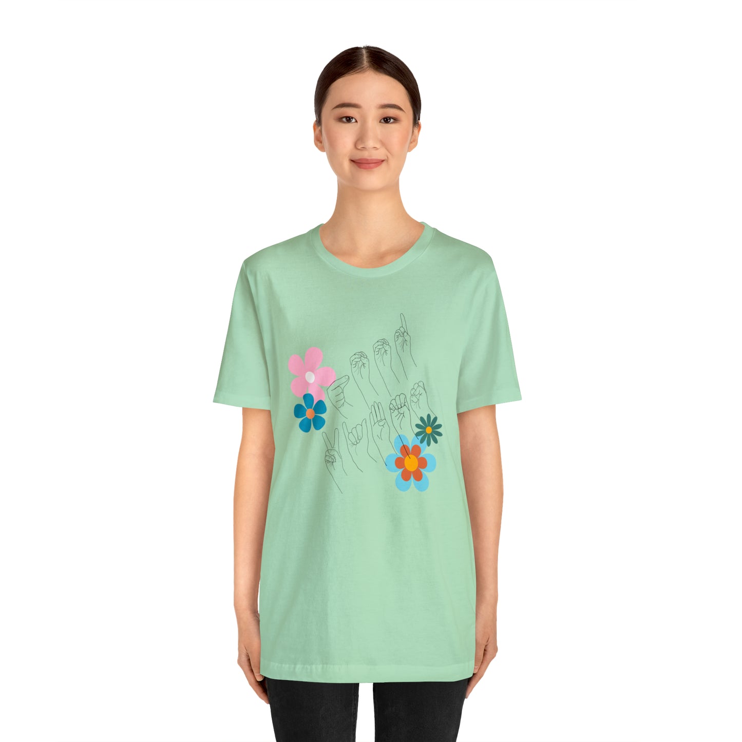 Floral Good Vibes in ASL Fingerspelling, Gifts for ASL Users, Bella Canvas Tee