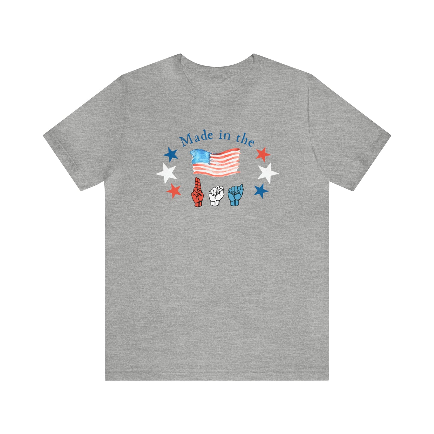 Made in the USA, American Independence Day Tee with ASL Fingerspelling