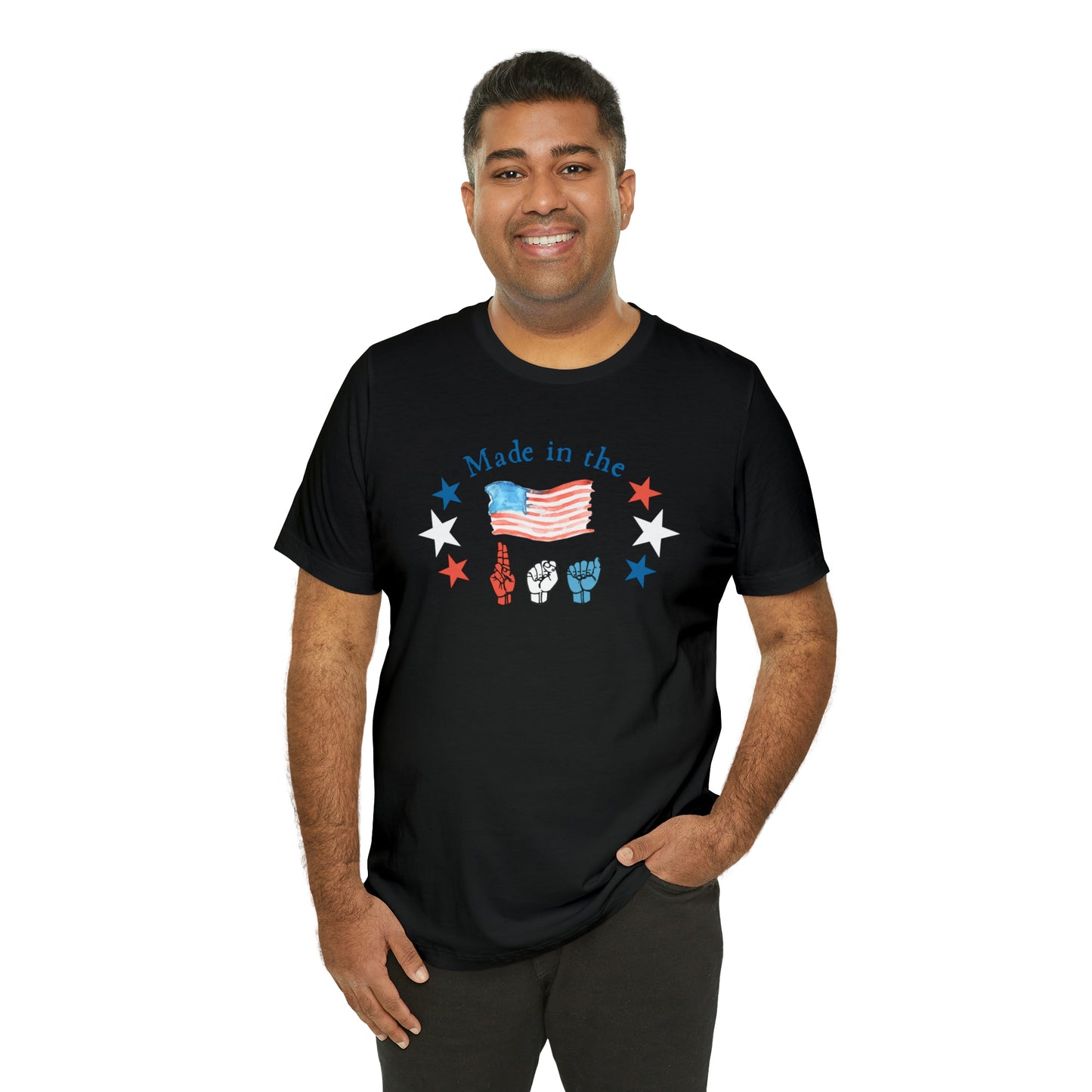 Made in the USA, American Independence Day Tee with ASL Fingerspelling