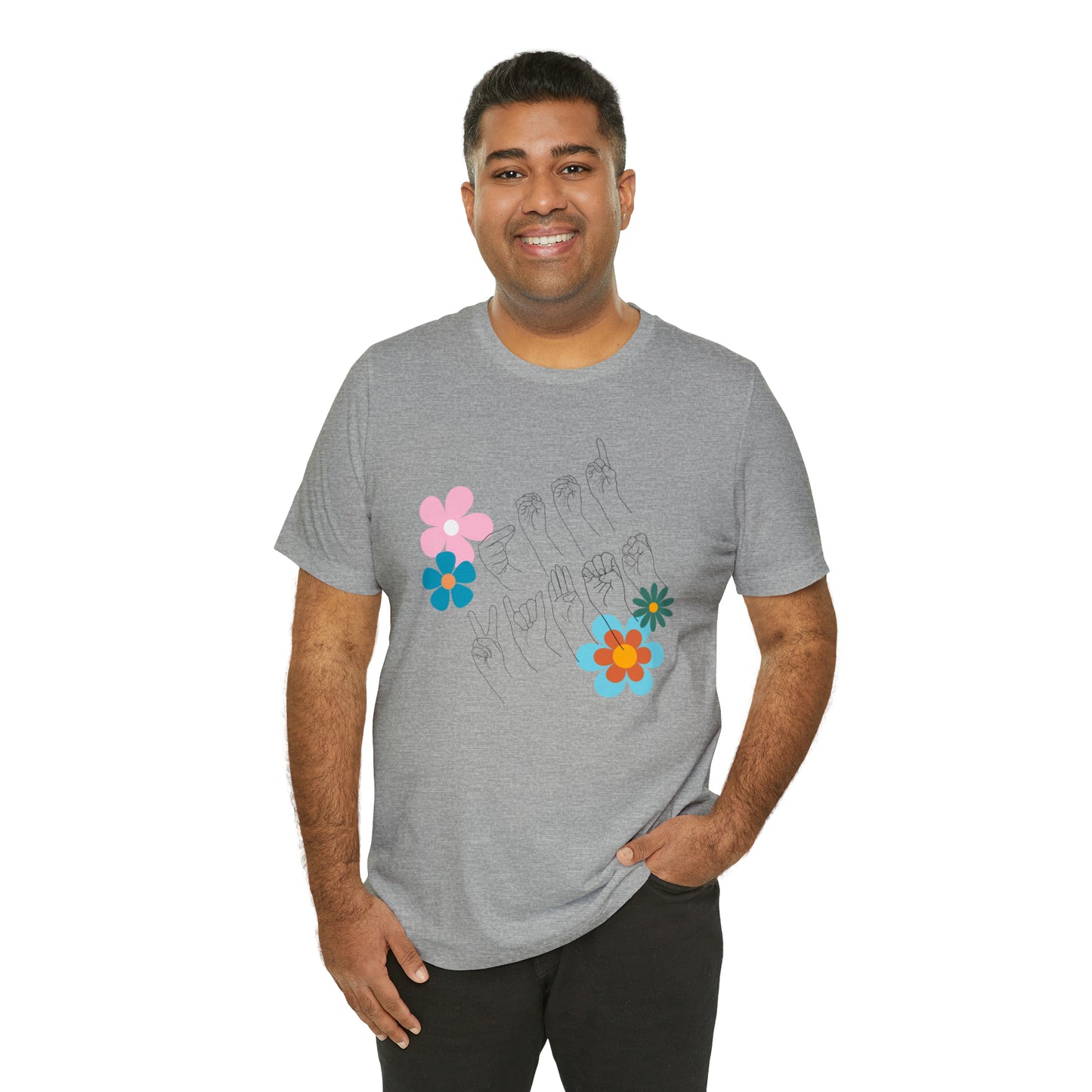 Floral Good Vibes in ASL Fingerspelling, Gifts for ASL Users, Bella Canvas Tee