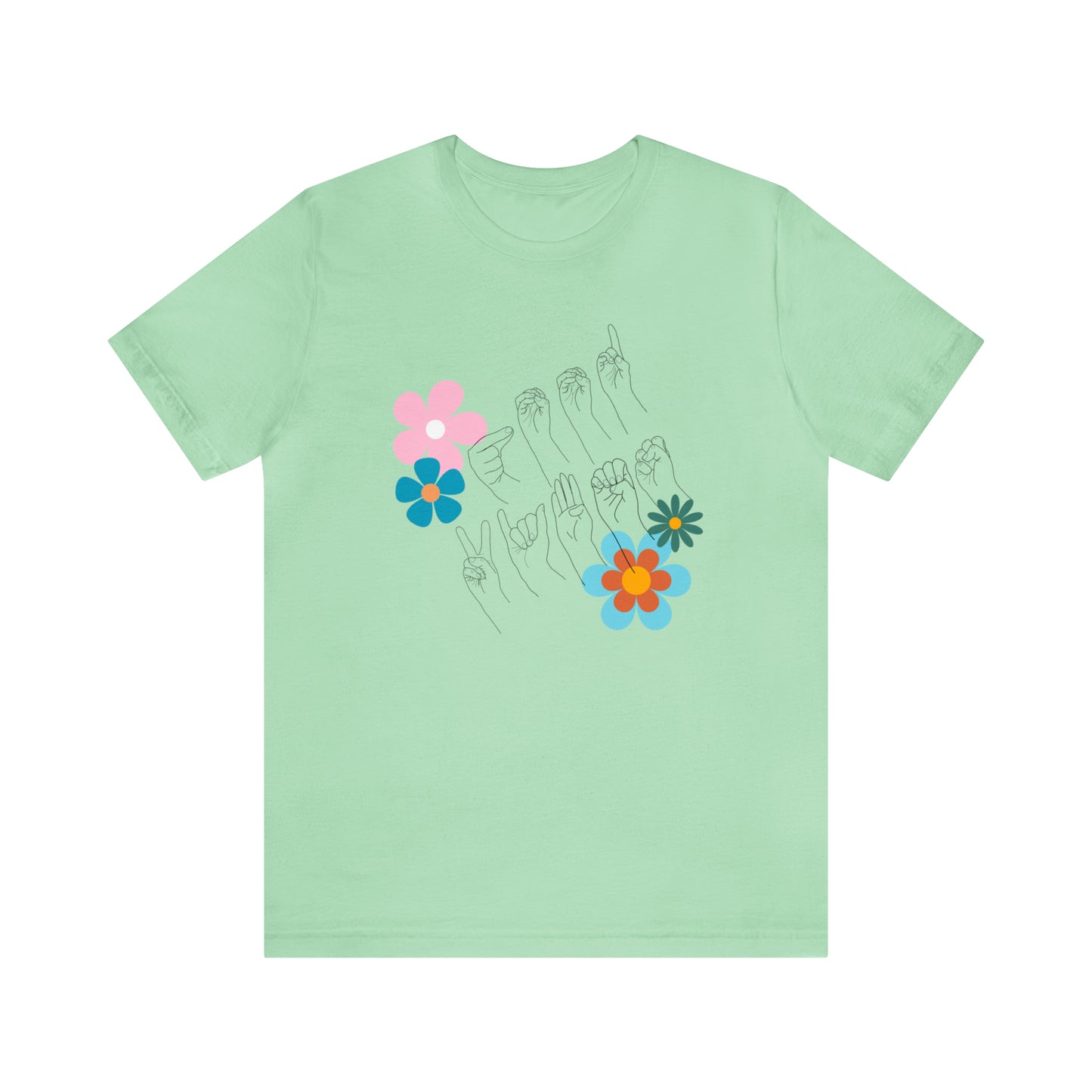 Floral Good Vibes in ASL Fingerspelling, Gifts for ASL Users, Bella Canvas Tee