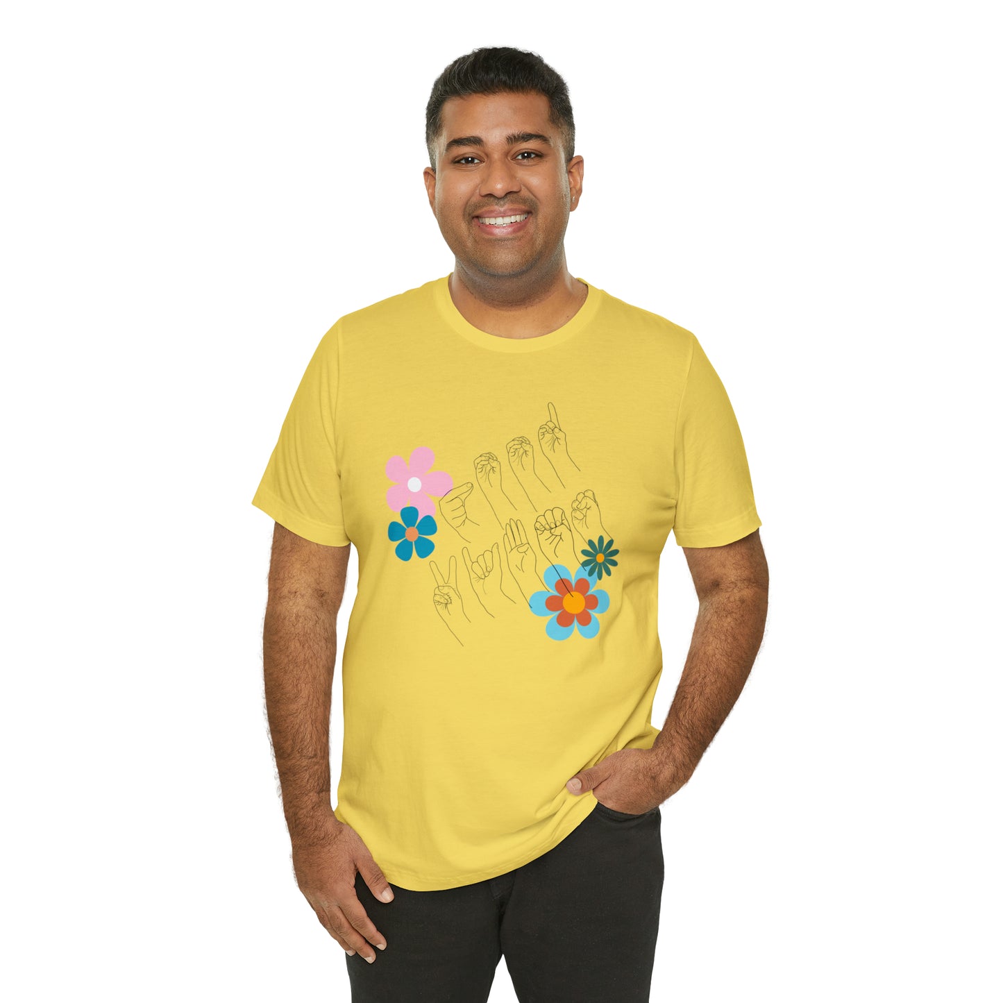 Floral Good Vibes in ASL Fingerspelling, Gifts for ASL Users, Bella Canvas Tee