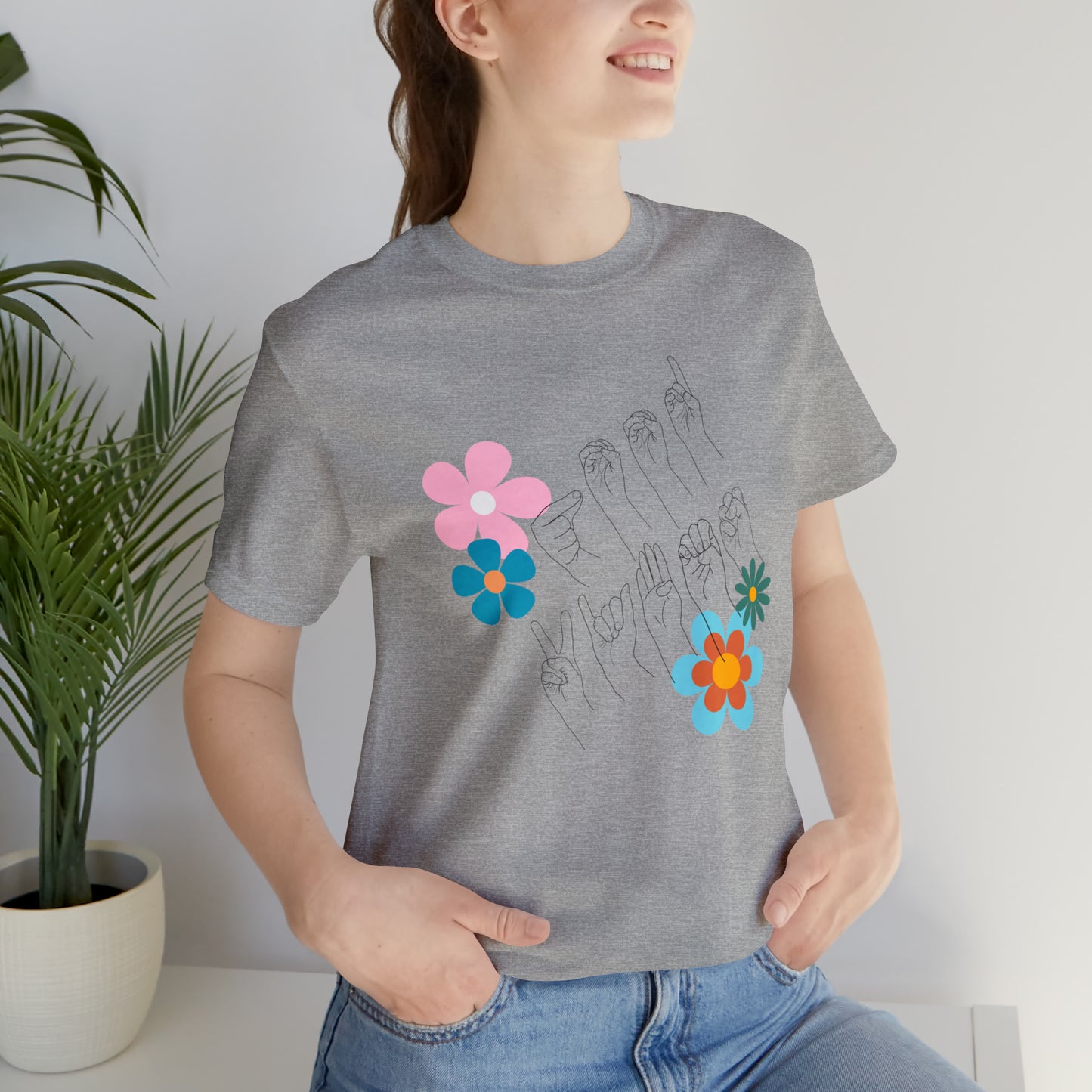 Floral Good Vibes in ASL Fingerspelling, Gifts for ASL Users, Bella Canvas Tee