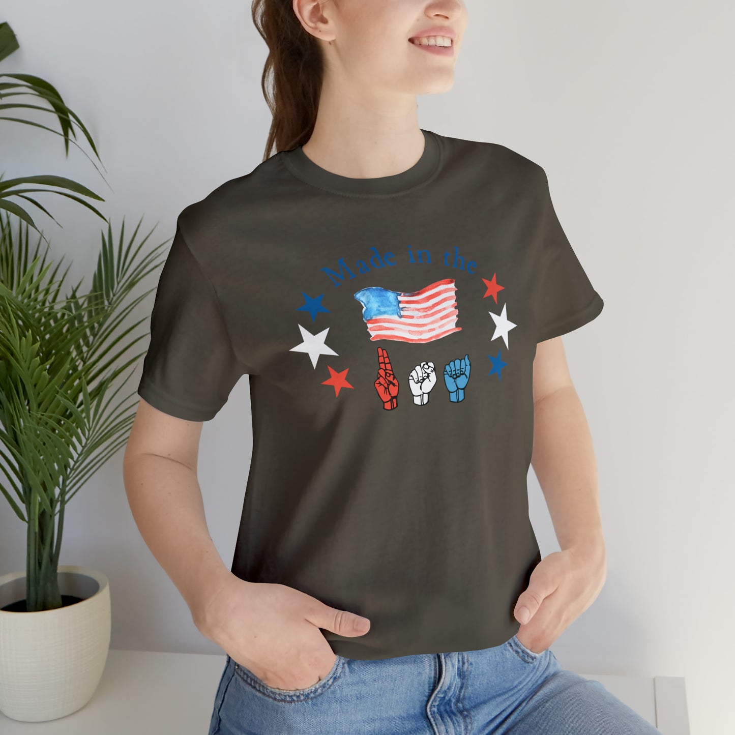 Made in the USA, American Independence Day Tee with ASL Fingerspelling