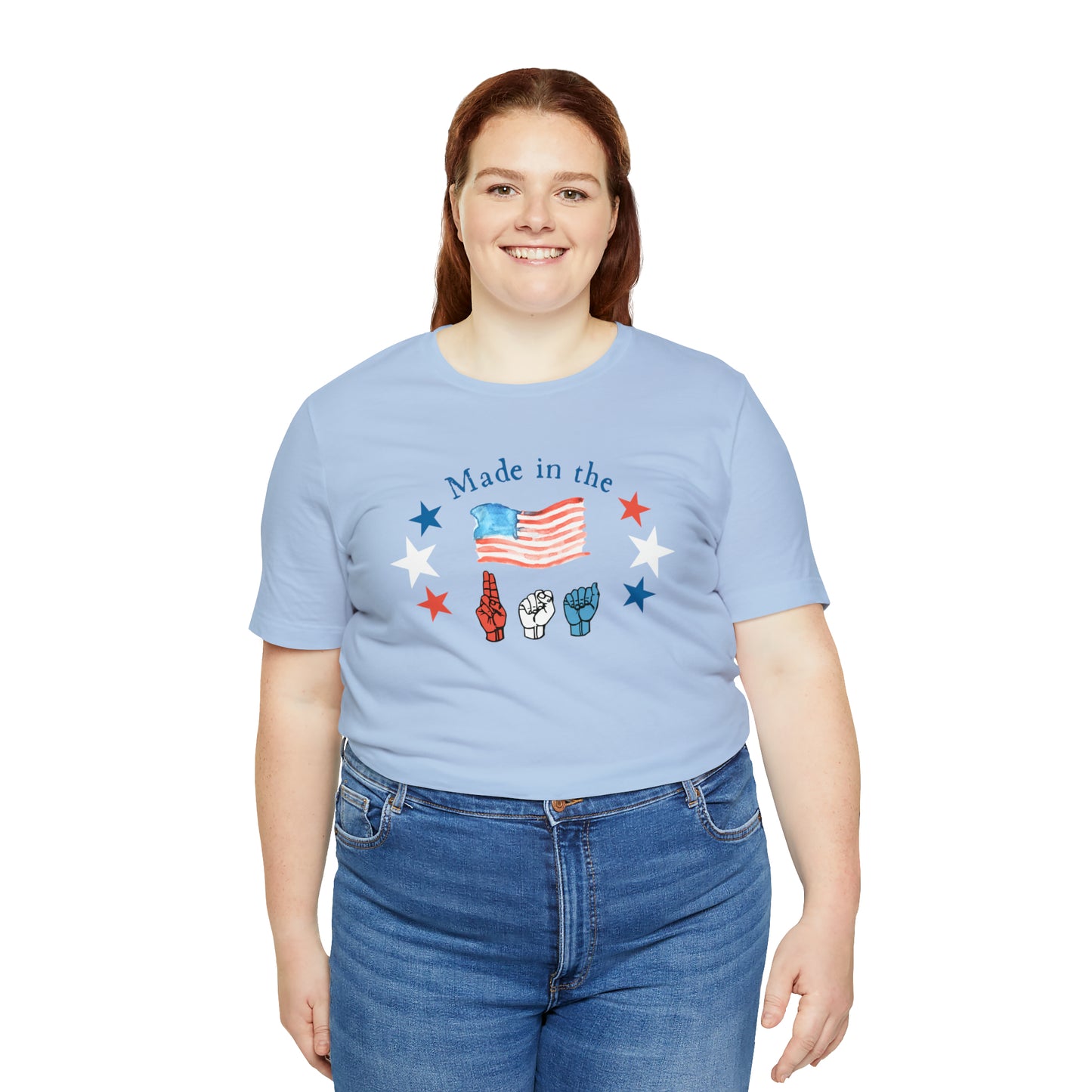 Made in the USA, American Independence Day Tee with ASL Fingerspelling