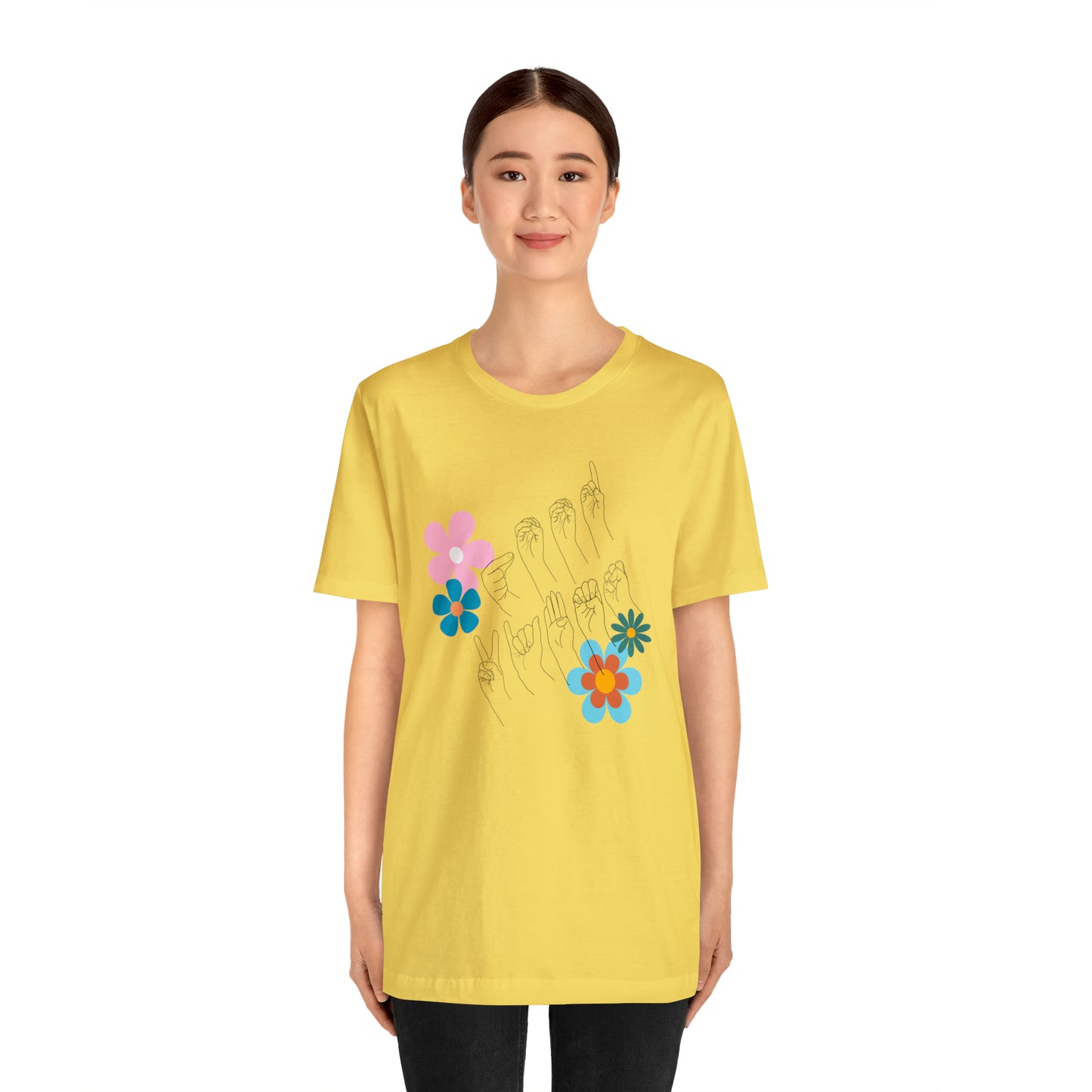 Floral Good Vibes in ASL Fingerspelling, Gifts for ASL Users, Bella Canvas Tee