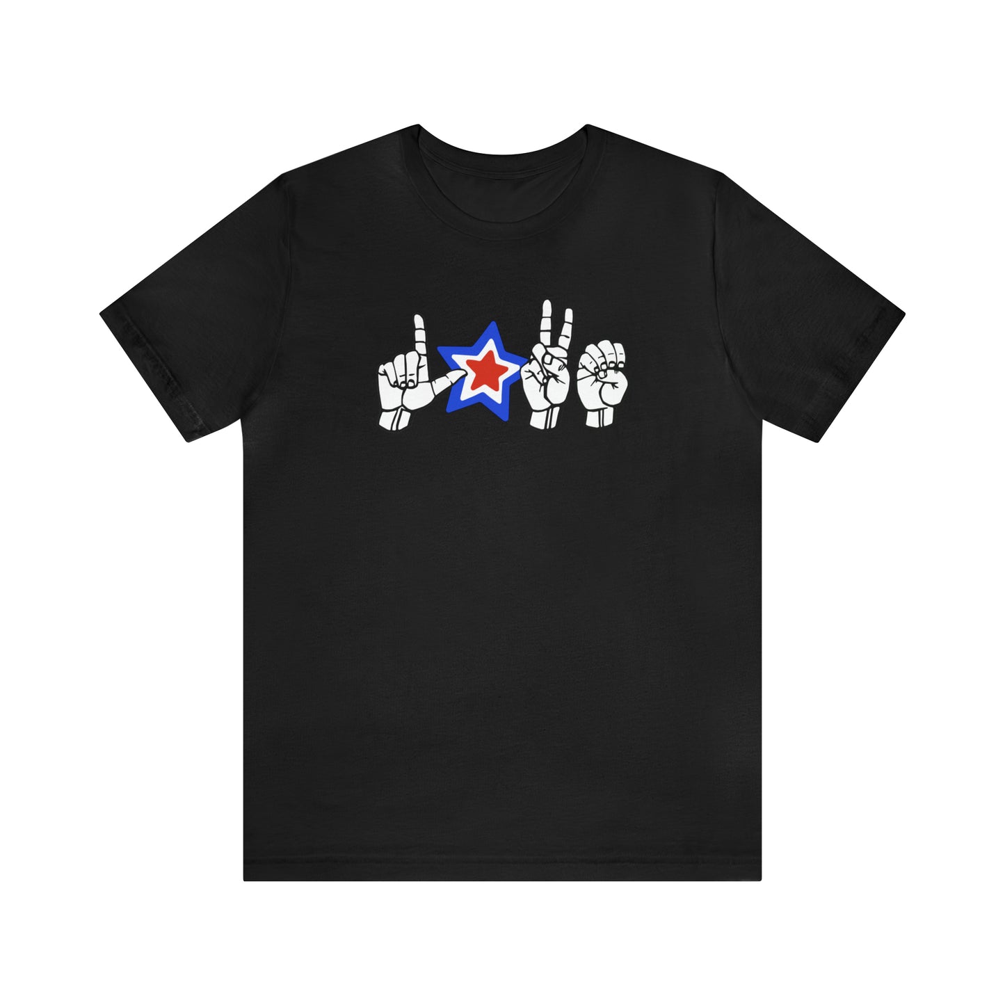 American Sign Language LOVE Fingerspelled, with American Flag Colored Star for Patriotic ASL Users and Independence Day