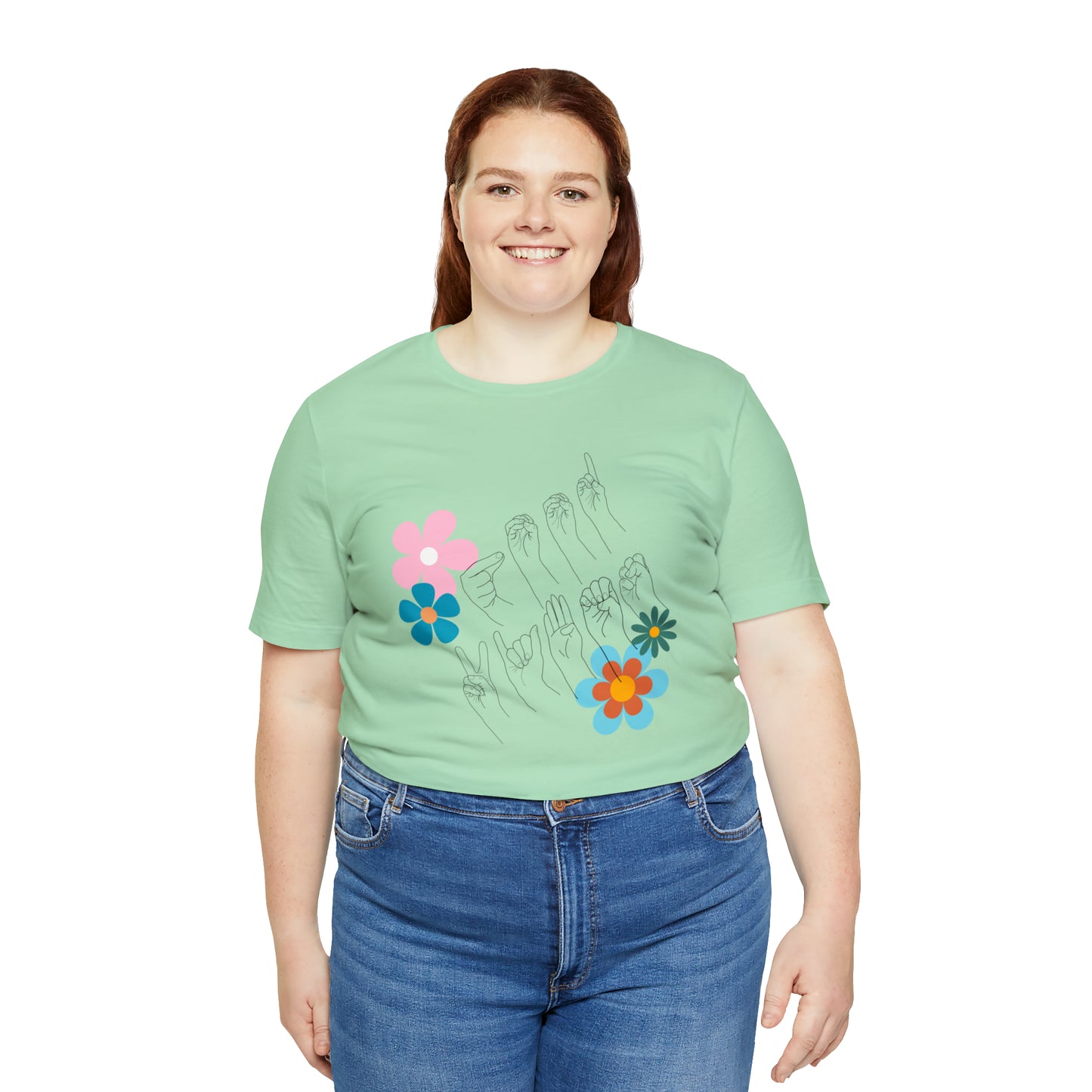 Floral Good Vibes in ASL Fingerspelling, Gifts for ASL Users, Bella Canvas Tee