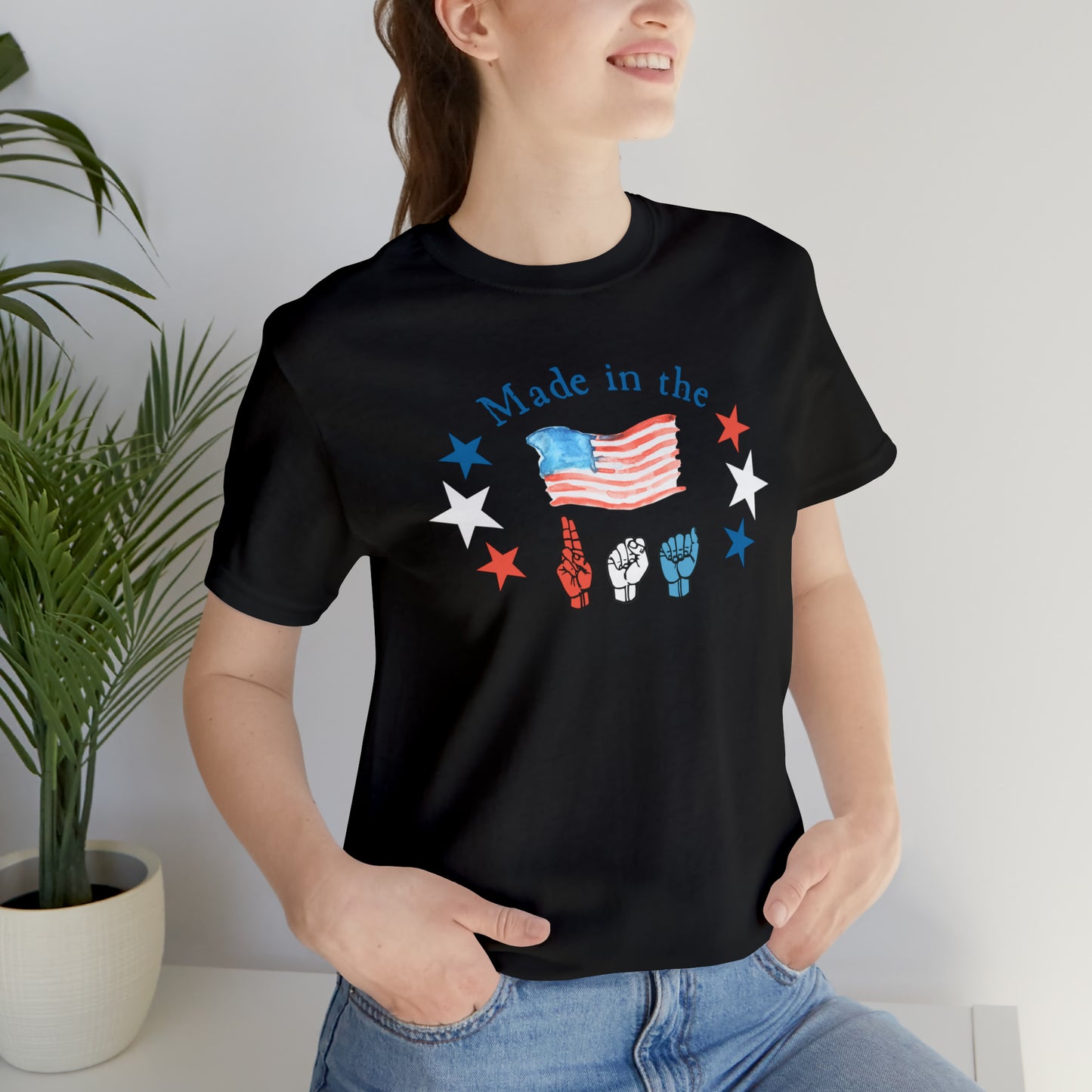 Made in the USA, American Independence Day Tee with ASL Fingerspelling