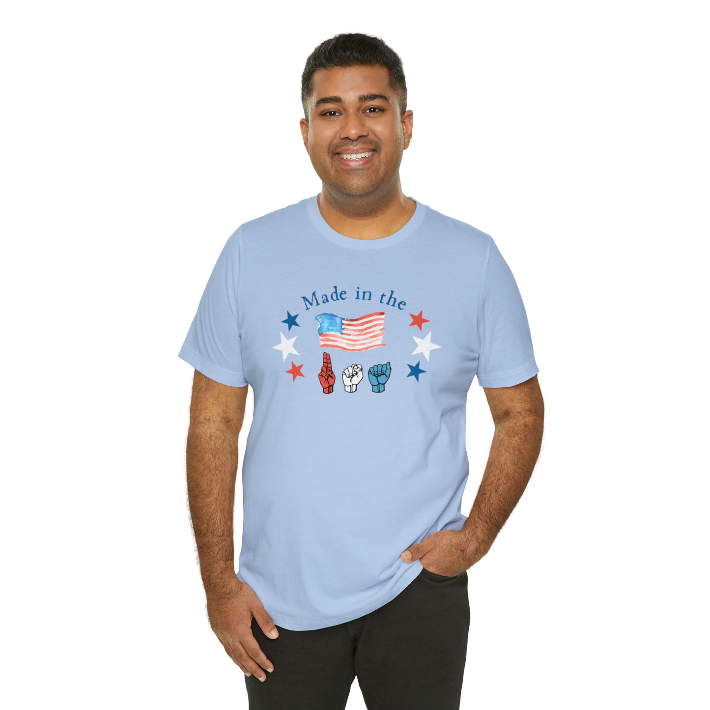 Made in the USA, American Independence Day Tee with ASL Fingerspelling