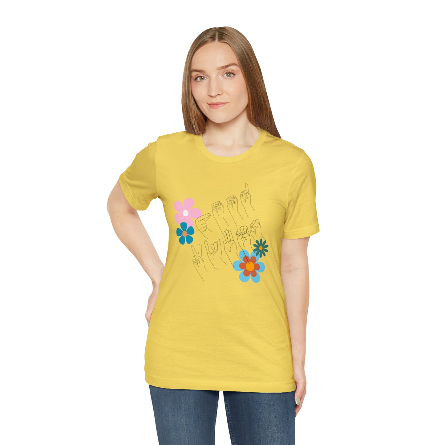 Floral Good Vibes in ASL Fingerspelling, Gifts for ASL Users, Bella Canvas Tee