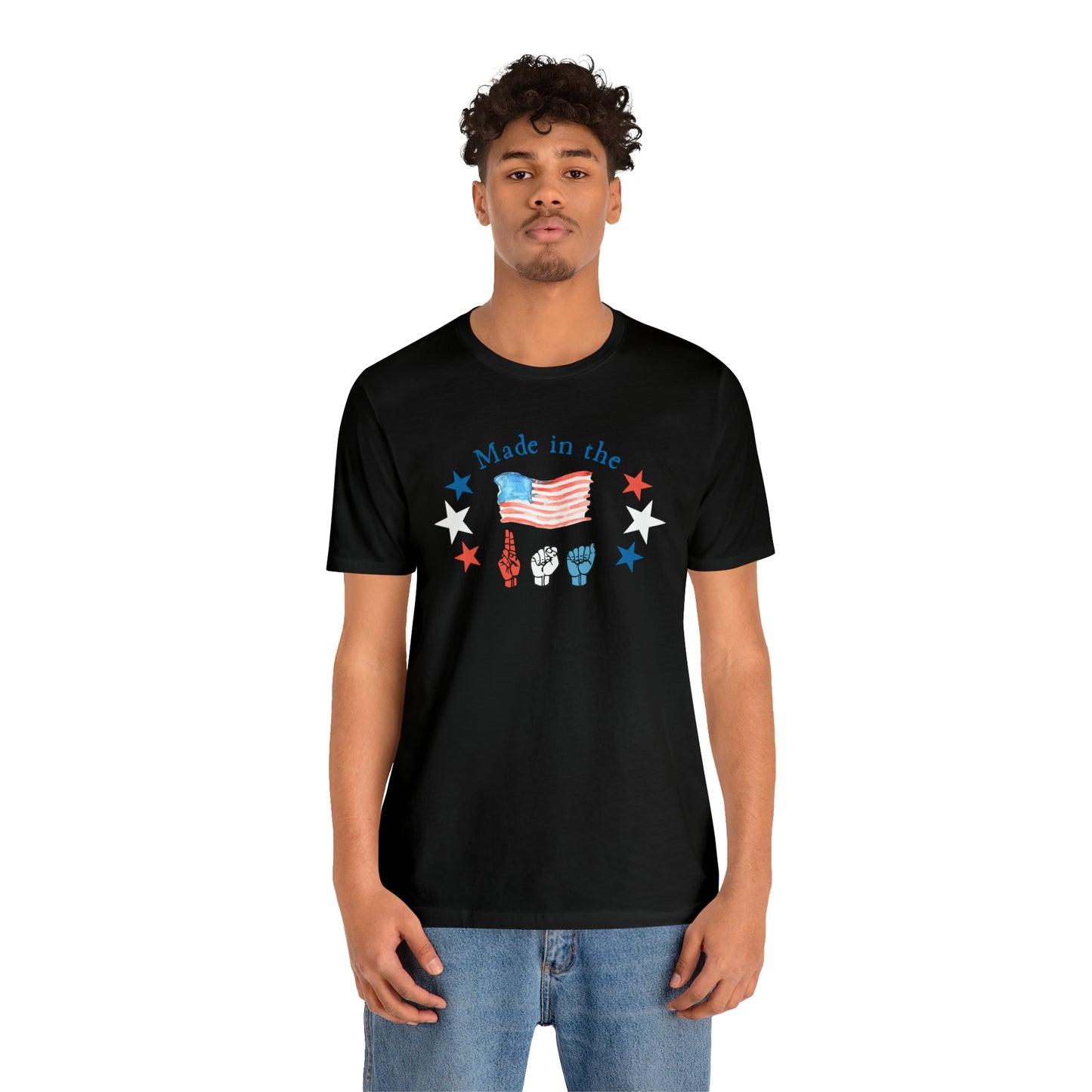 Made in the USA, American Independence Day Tee with ASL Fingerspelling