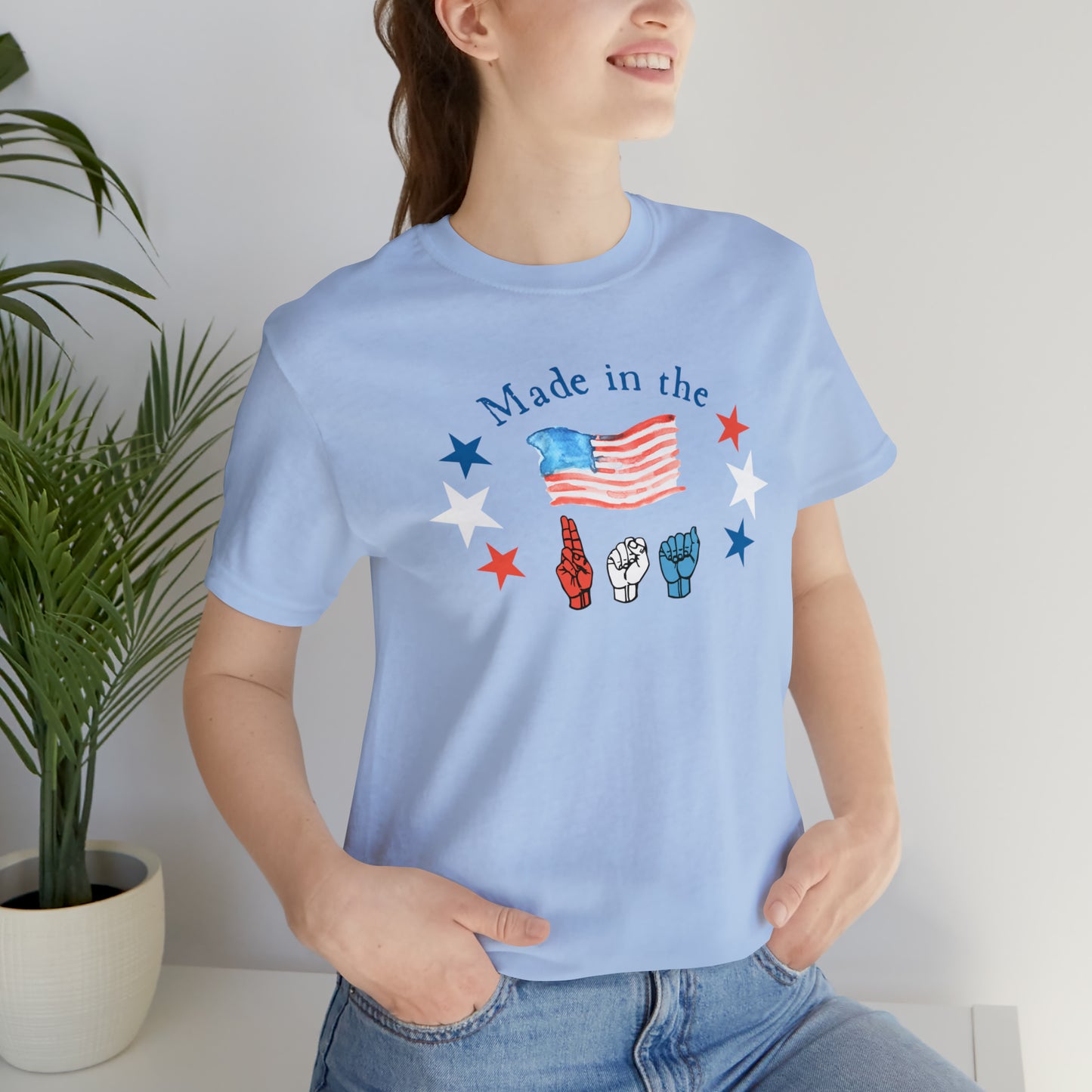 Made in the USA, American Independence Day Tee with ASL Fingerspelling