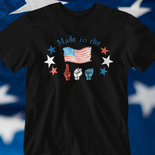 Made in the USA, American Independence Day Tee with ASL Fingerspelling