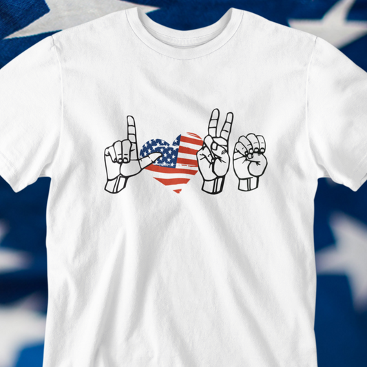 American Sign Language LOVE Fingerspelled, with American Flag Heart for Patriotic ASL Users and Independence Day