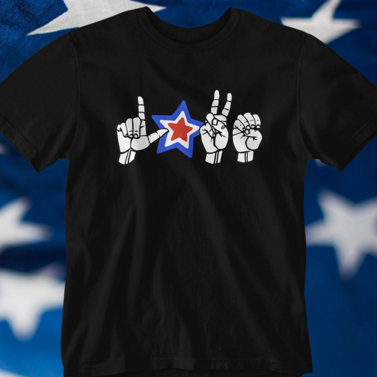 American Sign Language LOVE Fingerspelled, with American Flag Colored Star for Patriotic ASL Users and Independence Day